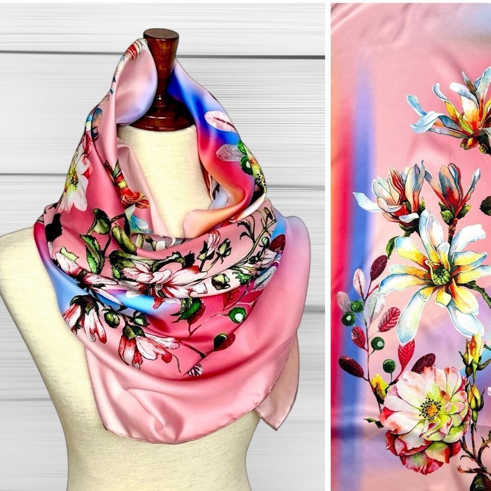 Balse Colorful Silk (?) Square Scarf Pink Floral Print Hand Rolled 35x35"